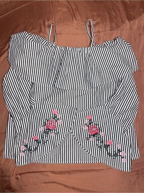 Off-Shoulder Black & White Striped Top with Pink Floral Embroidery on Wide Cuffs